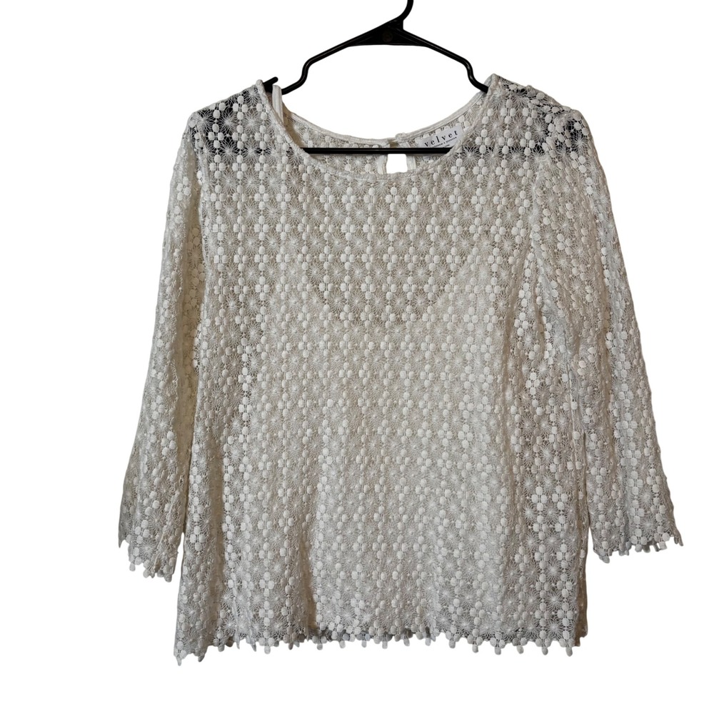 Velvet by Graham & Spencer Women's Crochet Top Sz M White 3/4 Sleeve